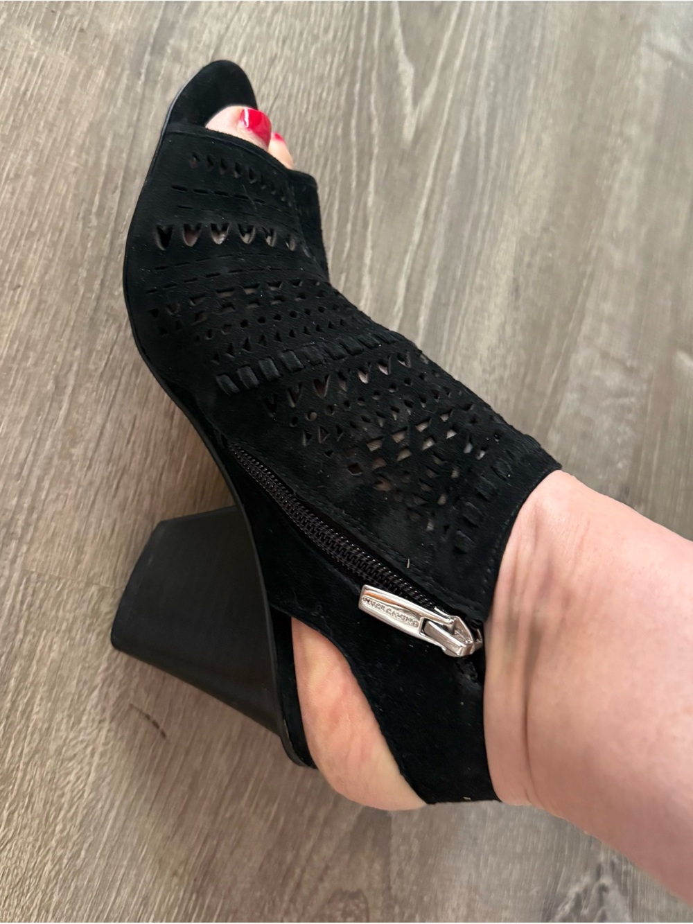 Vince Camuto Black Suede Laser-Cut Peep Toe Block Heels